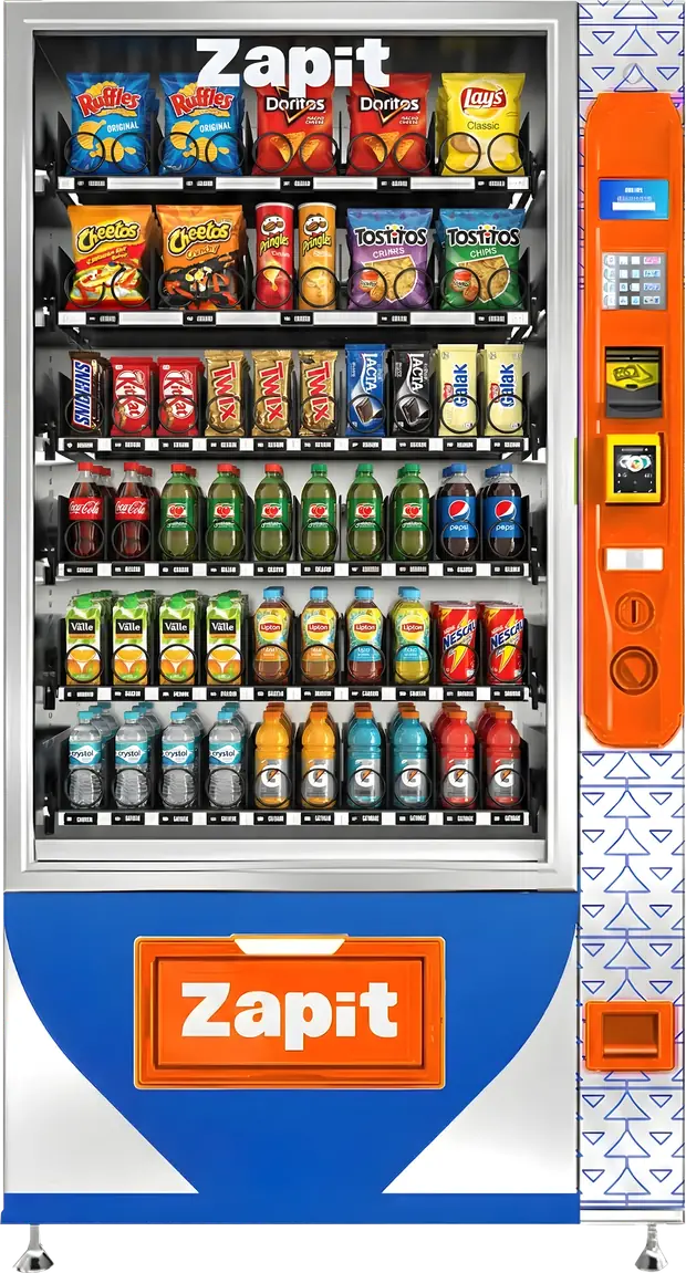 Vending machine da Zapit, plotada nas cores da marca, com snacks e bebidas à mostra.